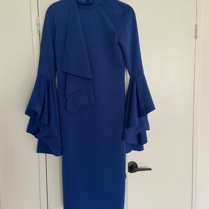Elegant Royal Blue Ruffle-Sleeve Women's Dress